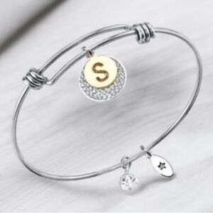 New UNWRITTEN Pavé and Initial S Bangle Bracelet in Stainless Steel Silv…